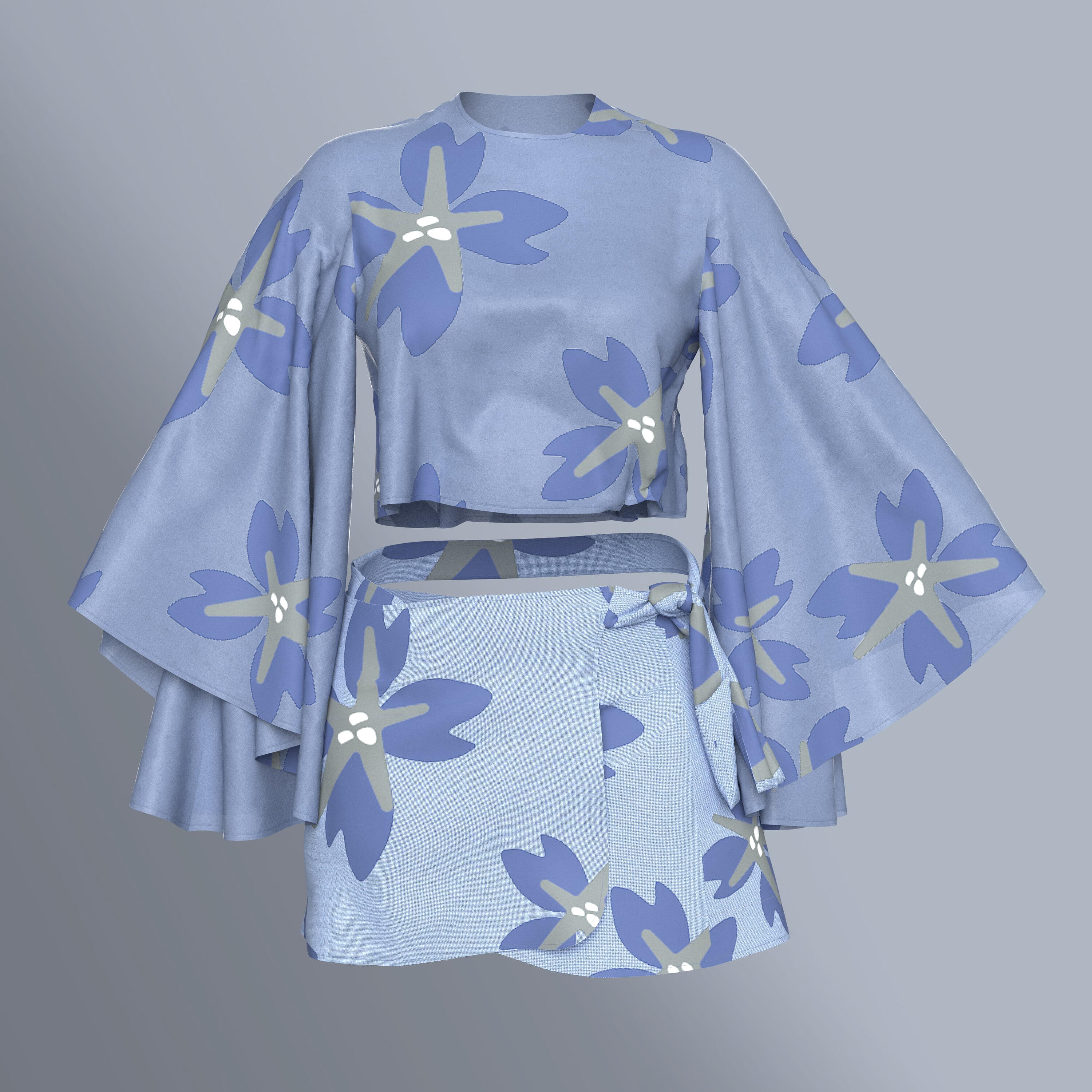 3D Fashion Visualization – Floral Co-ord Set Simulation This blue floral co-ord set, featuring a wide-sleeve cropped blouse and wrap skirt, demonstrates Martinsgard Patternmaking’s expertise in 3D garment visualization and print placement accuracy. Every detail—from drape dynamics to fabric texture—is digitally